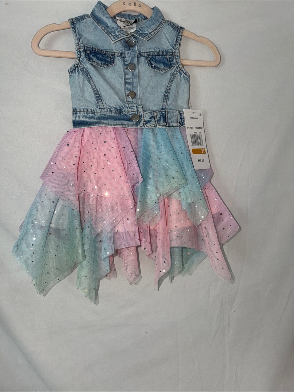 Rare Editions Denim Bodice Pastel Rainbow Tulle Dress